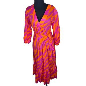 Vilagallo Fabrizia Zebra Print Dress Pink Orange Belted Midi Loose Small EU36